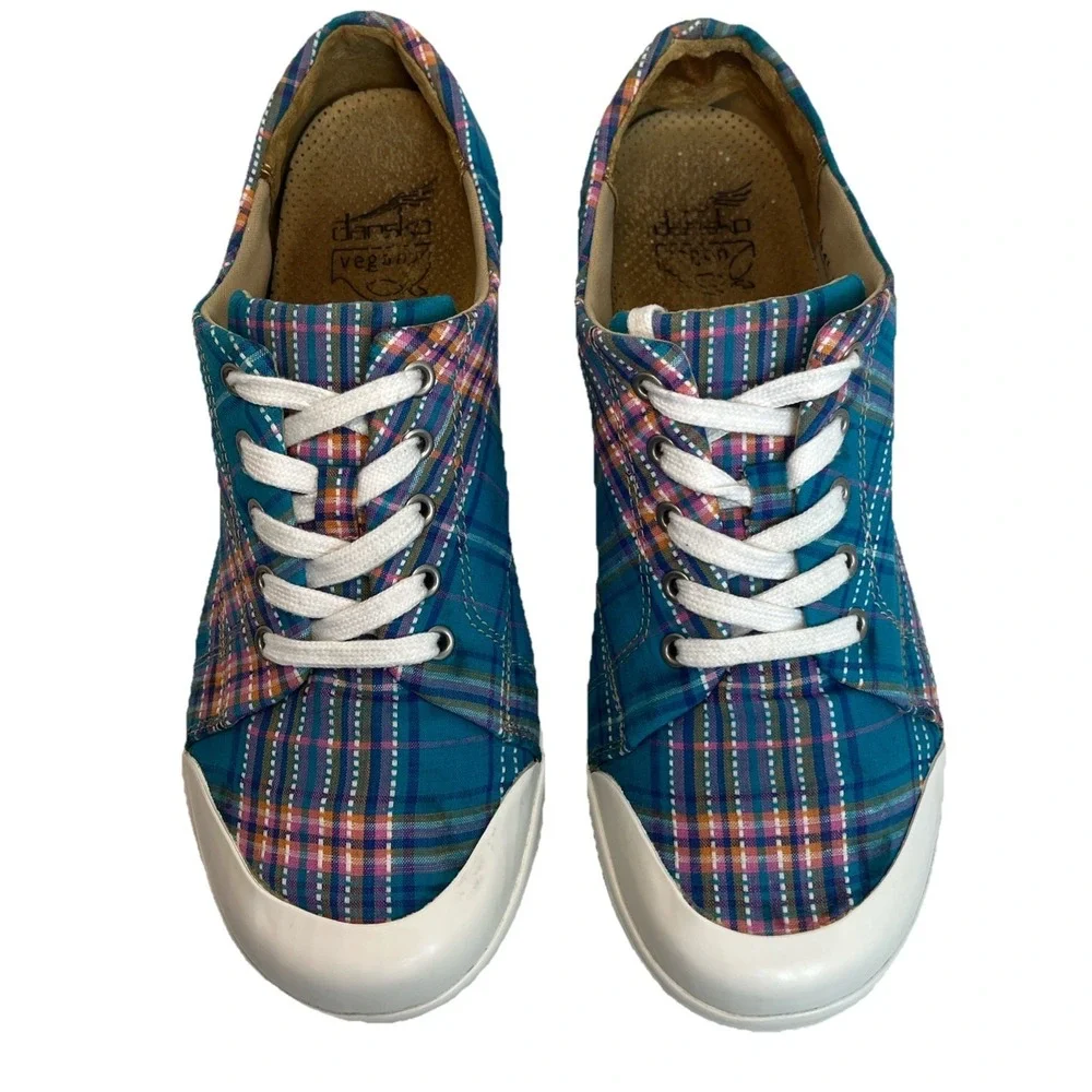 Dansko Women Veda Madras Blue/Pink Plaid Canvas Platform Sneakers 41/10.5-11